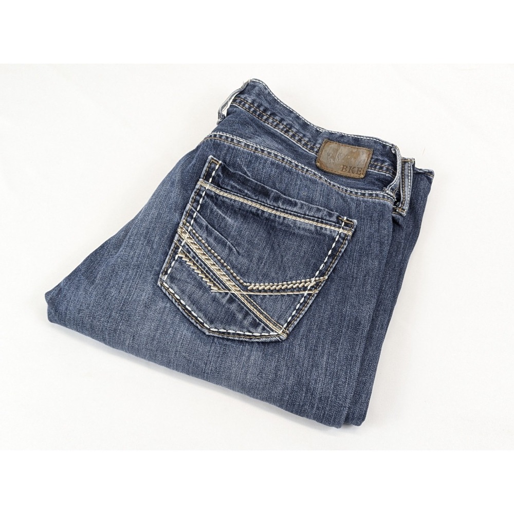 BKE Jeans Mens 36S Blue Carter Bootleg 36x29 Blue Embroidered Stitch Relaxed